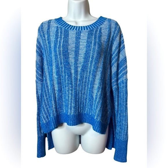 PILCRO Anthropologie Blue Striped Knit Sweater High Low Hem Women’s Medium - Picture 2 of 13